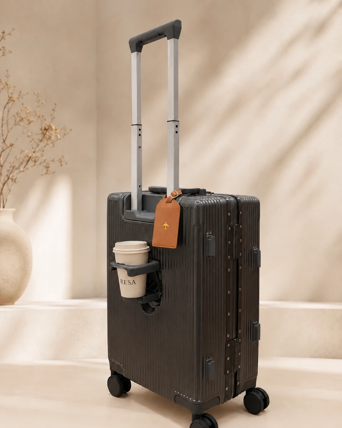 RESA suitcase with coffee cup and leather luggage tag